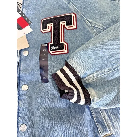 Tommy Jeans Women's Denim Snap-Front Cotton Letterman Jacket Blue Jean L - Picture 8 of 12